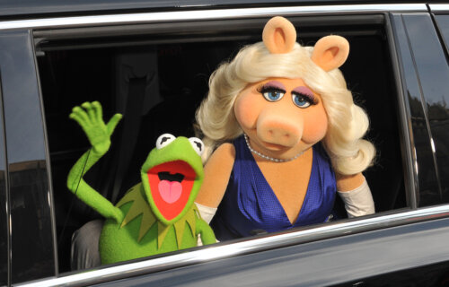 Muppets' characters Kermit the Frog & Miss Piggy at the world premiere of their movie Disney's "Muppets Most Wanted" at the El Capitan Theatre