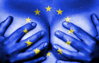 hands covering breasts, flag of the European Union