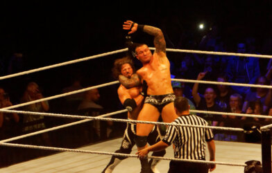 Randy Orton performing the RKO vs. AJ Styles