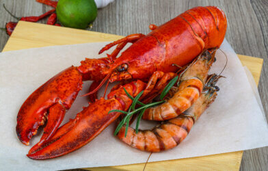 Lobster and shrimp on a seafood platter