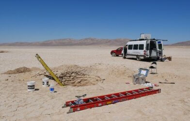 Study site, showing digging works and lab truck discovering hidden desert biosphere