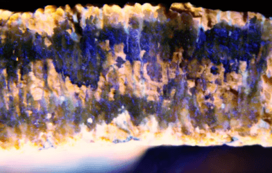 A dinosaur eggshell cross section, as imaged under fluorescence microscopy.