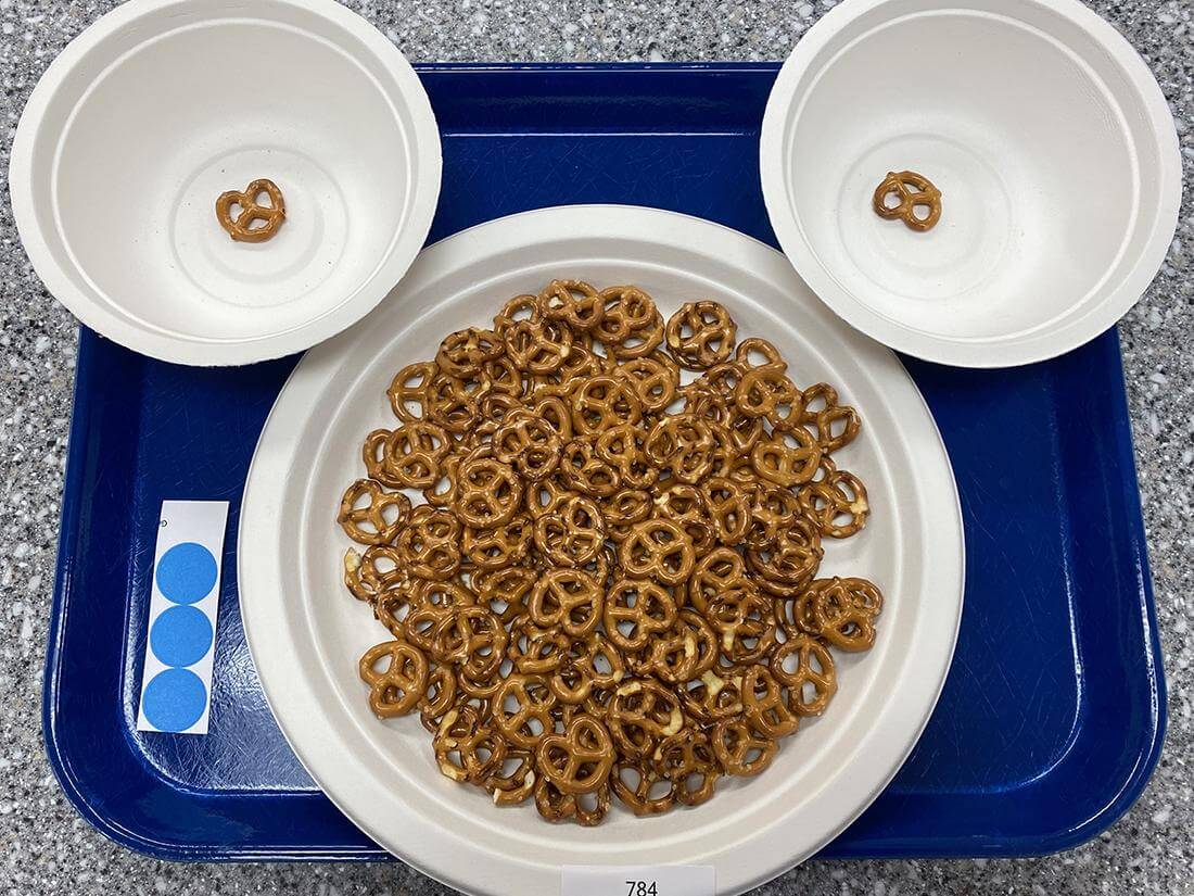 Researchers found that pretzel size affects the consumer's eating rate, with smaller sizes leading to a slower eating speed and smaller bites. 