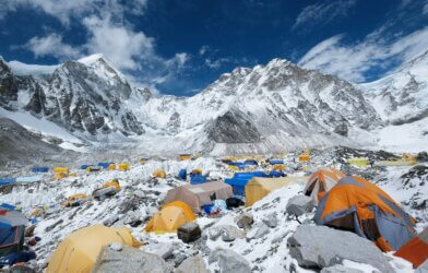 Colorful tents in Mount Everest base camp, Khumbu glacier and mountains, sagarmatha national park, trek to Everest base camp - Nepal