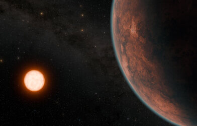 Gliese 12 b, which orbits a cool, red dwarf star located just 40 light-years away, promises to tell astronomers more about how planets close to their stars retain or lose their atmospheres. In this artist’s concept, Gliese 12 b is shown retaining a thin atmosphere.
