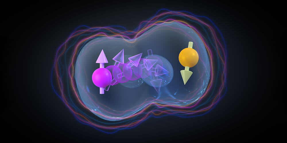 Two interacting hole-spin qubits: As a hole (magenta/yellow) tunnels from one site to the other, its spin rotates due to spin-orbit coupling, leading to anisotropic interactions represented by the surrounding bubbles. 