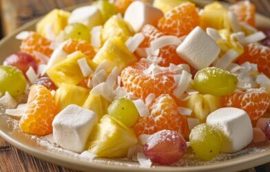 Close up of fruit salad with marshmallow