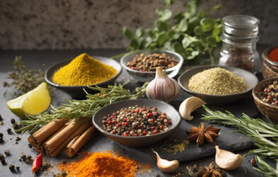 Different colorful spices and fresh products in bowls on a table.
