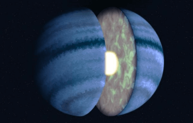 An artist’s concept of WASP-107 b shows turbulent atmospheric mixing within the planet’s gas envelope.