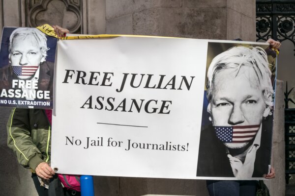 London, England, UK. October 8, 2022. Supporters of WikiLeaks founder Julian Assange take part in a protest near Westminster to protest against Julian Assange's potential deportation to USA.