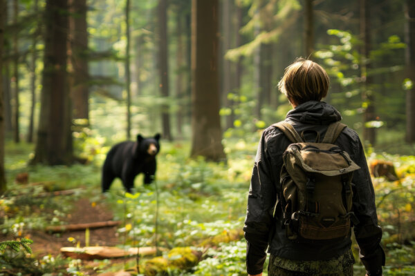 Boy encounters a black bear in a forest